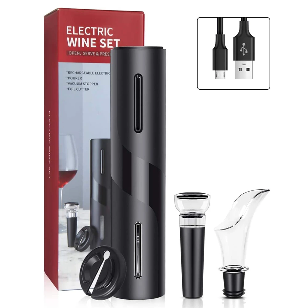 

4 in 1 Electric Wine Bottle Opener USB Rechargable Automatic Red Wine Corkscrew Foil Cutter Vacuum Stopper Aerator Pourer Set