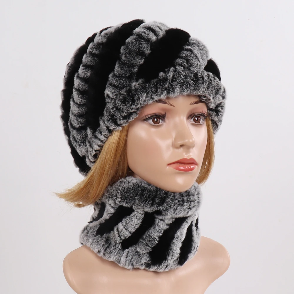Новый Для женщин Настоящий мех кролика наборы шарф шапка натуральный енота
