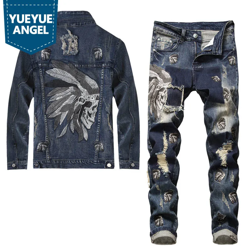 

Spring Men Embroidered Loose Fit Denim Coat Street Hole Ripped Zipper Jeans Fashion Single Breasted Cowboy Jacket Plus Size