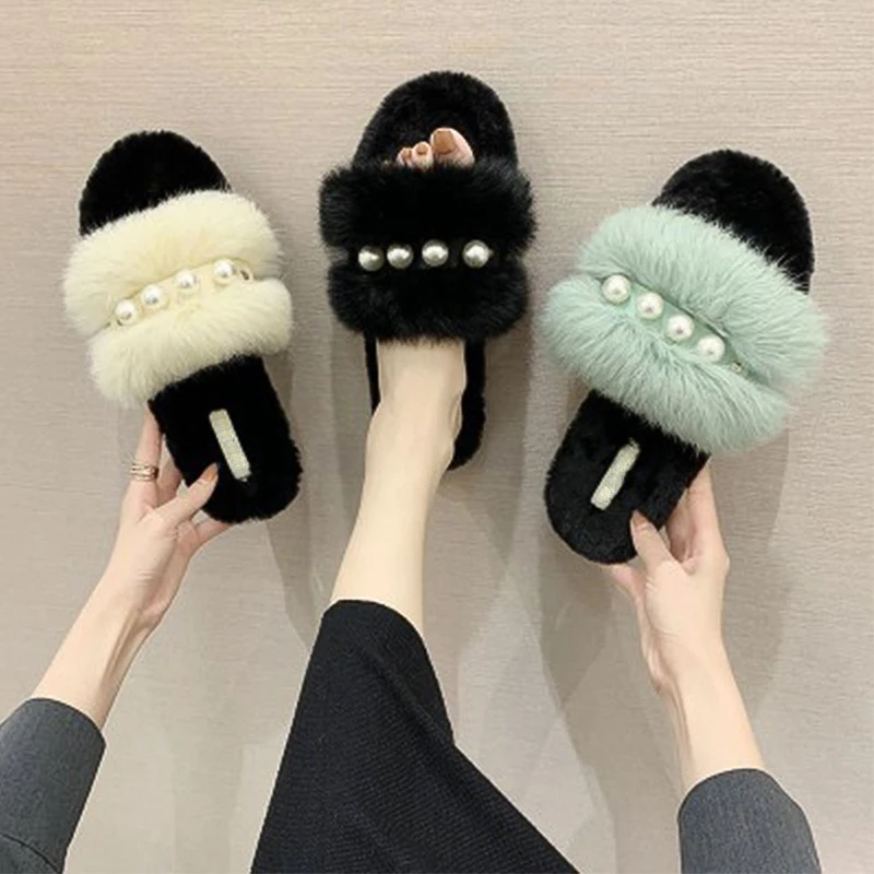 

Women's Sandals Slippers Solid Color Designer Rhinestone Wreath Furry Slides Ladies Faux Fur Flip Flops Fluffy Slippers Shoes