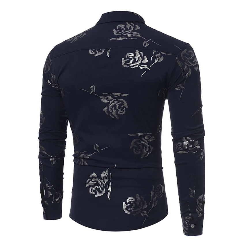 

Autumn Winter Men Long Sleeve Cotton Shirt Flower Rose Printing Retro Floral Printed Casual Slim Fit Shirt Tops Black White