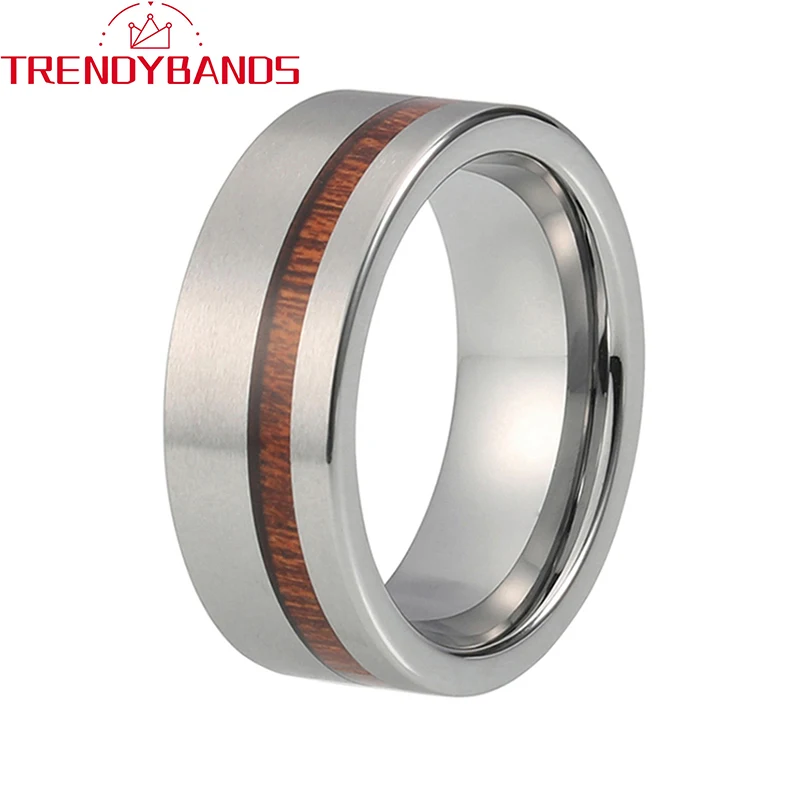 

8mm Tungsten Carbide Rings For Men Women Wedding Band Flat Wood Inlay Polished Shiny