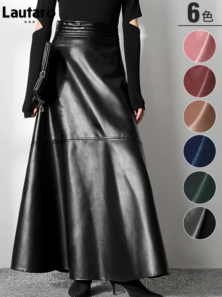

FAKUNTN Lautaro Autumn Long Black A Line Soft Faux Leather Skirt Women High Waist Blue Stylish Maxi Skirts Korean Fashion