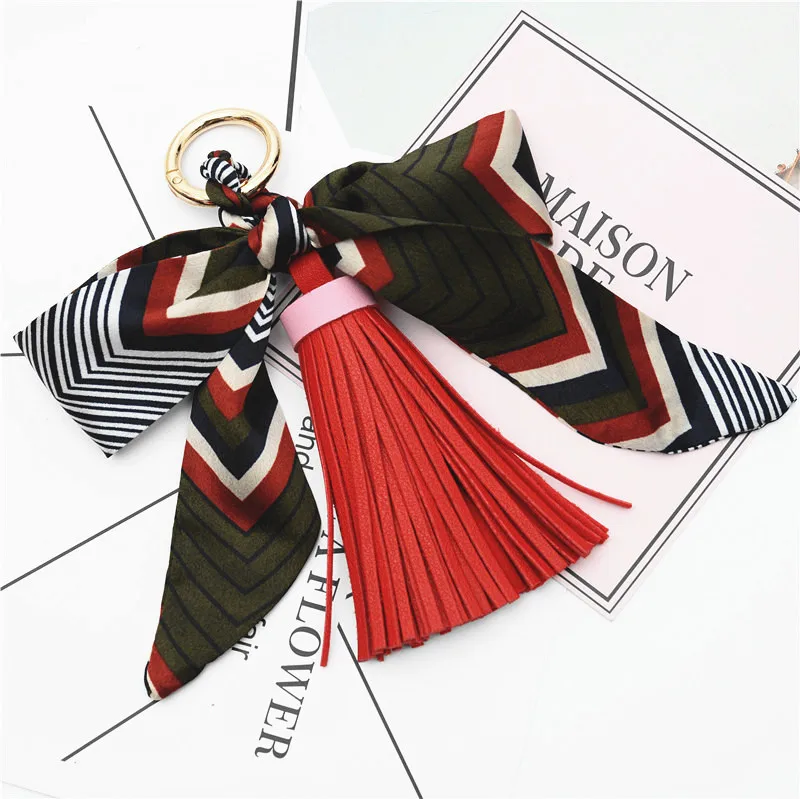 

Classy Leather Tassel Satin Silk Scarves Keychain Bowknot Scarf Pendant Car Purse Bag Keyring Holderg Key Ring New Best Gift