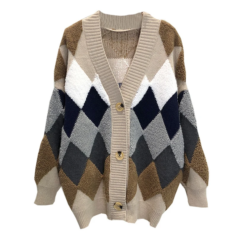 Женский трикотажный свитер в клетку с пышными рукавами| |