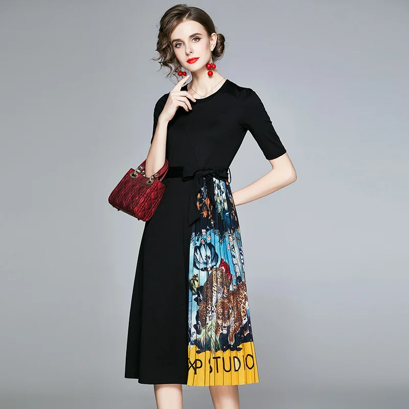 

Merchall Runway Summer Pleated Midi Dress Women's Short Sleeve Bow Sashes Patchwork Chiffon Flower Print Elegant Party Dresses