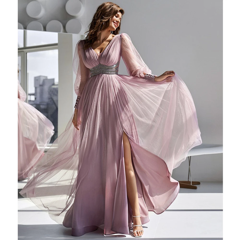 

Розовое платье RANMO для выпускного вечера с длинными рукавами, V-образным вырезом и разрезом, платье для выпускного вечера, иллюзионный лиф на...