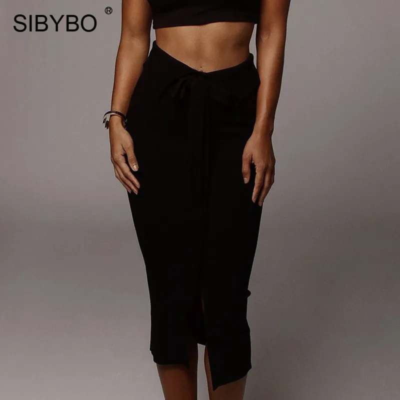 SIBYBO, женские сексуальные юбки в рубчик с высокой талией и разрезом, s кнопки, шнурок, зимняя женская юбка, однотонные осенние длинные юбки для женщин, вечерние юбки