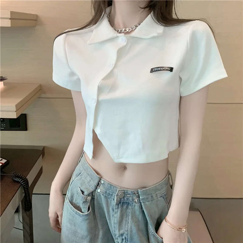 

Asymmetrical Single-Breasted Oblique Placket t Shirt Women Korean Fashion Sexy Summer Top Femme Letter Tee Shirt Female Clothing