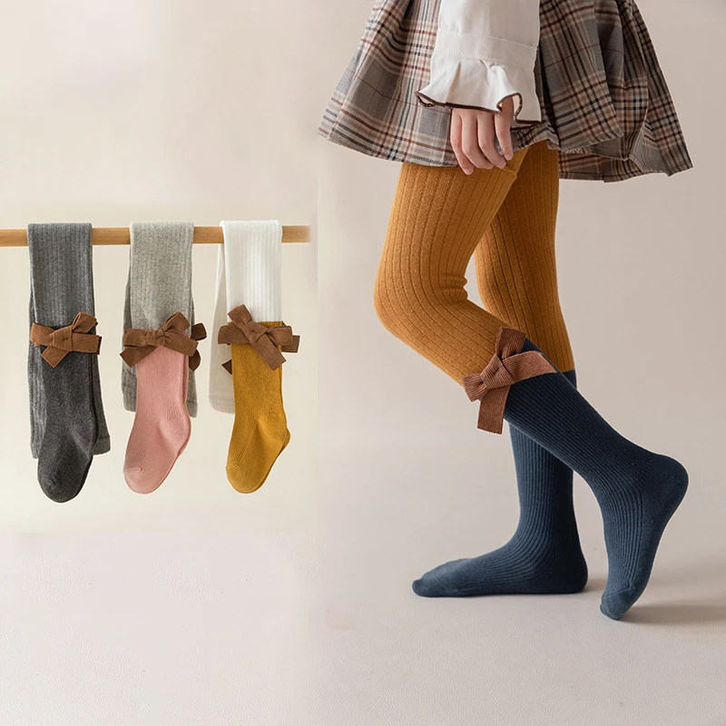 

Вязаные колготки для девочек, осенне-зимние теплые колготки для детей, милые детские длинные чулки с бантом