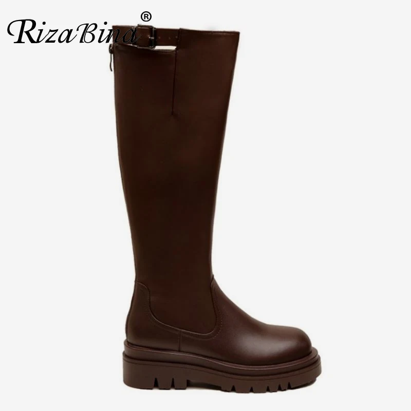 

RizaBina Women Knee Boots Fashion Platform High Heel Winter Shoes Woman Warm Buckle Long Boot Office Lady Footwear Size 34-43
