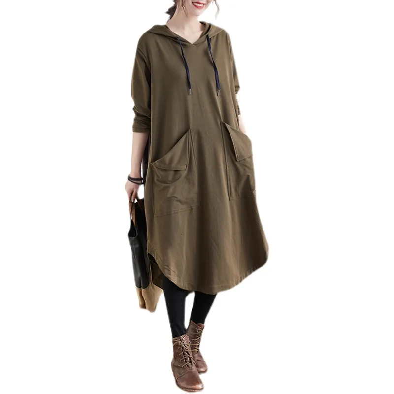 

Artistic Large Size Mid-Length Hooded Sweater Dress 2021 Spring New Solid Color Casual with Big Pockets Loose Dress