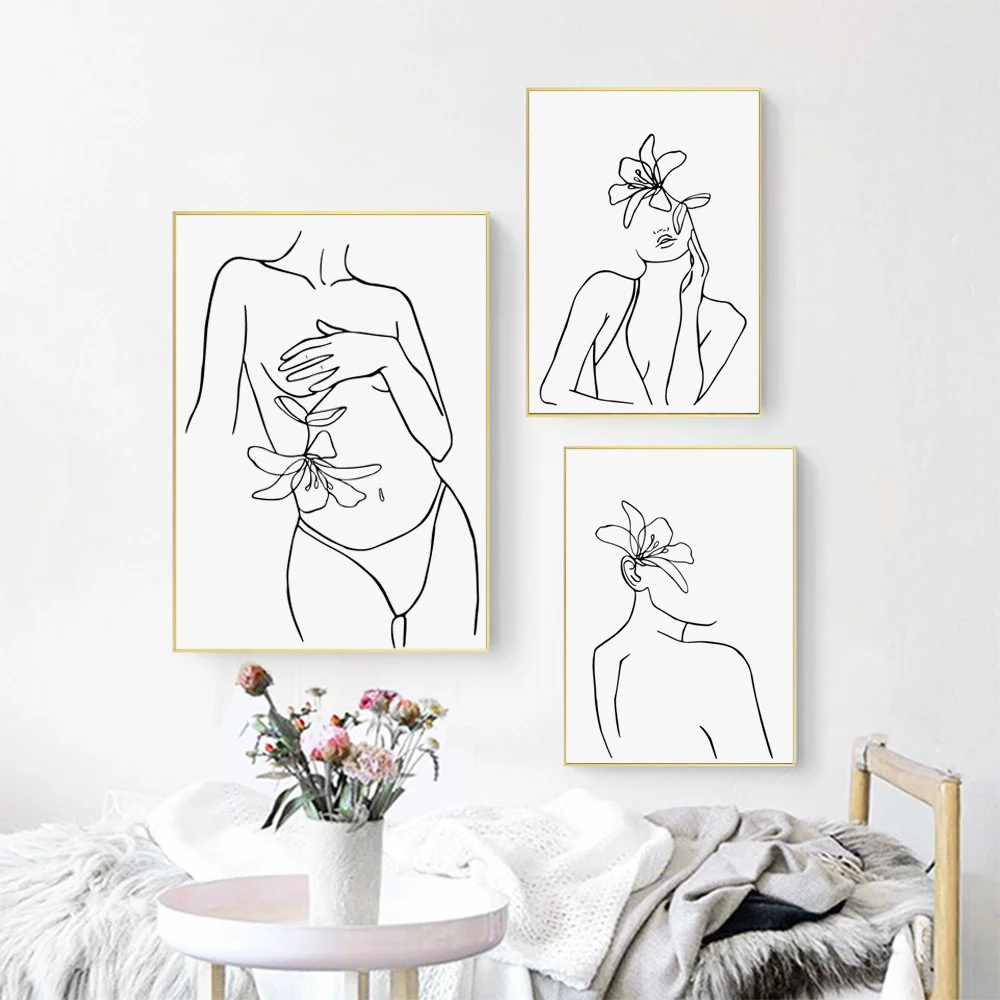 

Wall Art Canvas Painting Sexy Women Body Line Drawing Poster And Print Flower Woman Artwork Abstract Picture Bedroom Decor