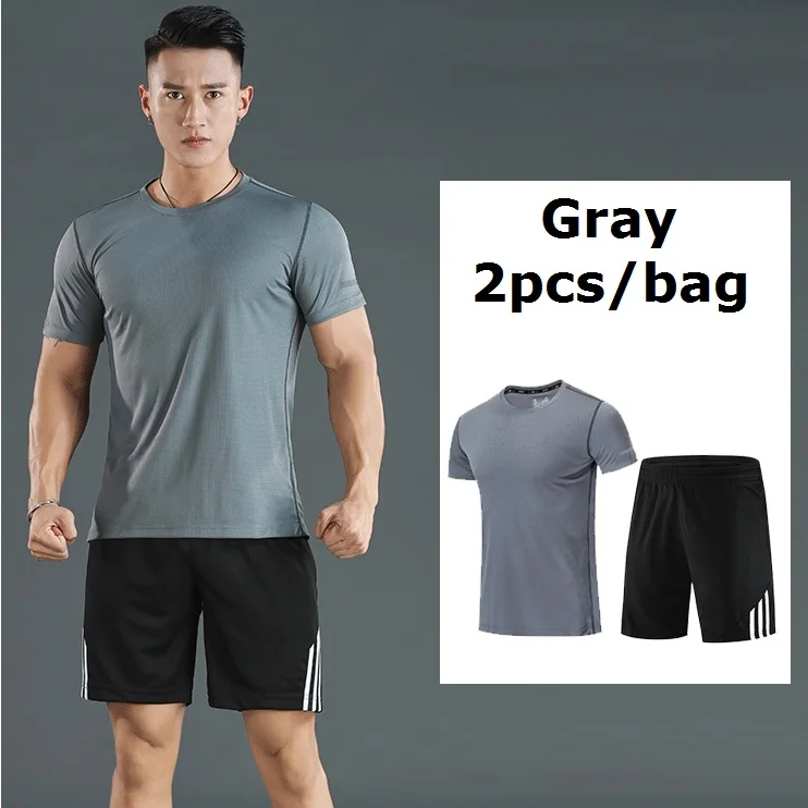 Gray 2pcs Мужской мотоциклетный спортивный костюм для спортзала фитнес компрессионная одежда для бега спортивная одежда упражнения тренировка колготки - Цвет: Gray 2pcs