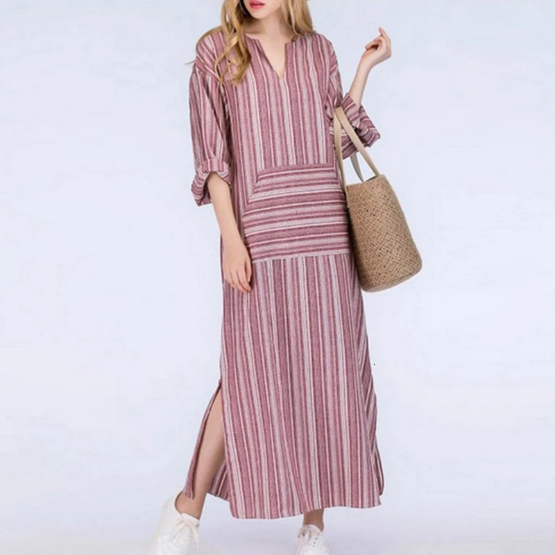 

CHICEVER Vintage Striped Dress For Women V Neck Half Sleeve Loose Plus Size Autumn Long Dresses Female Clothes Fashion New