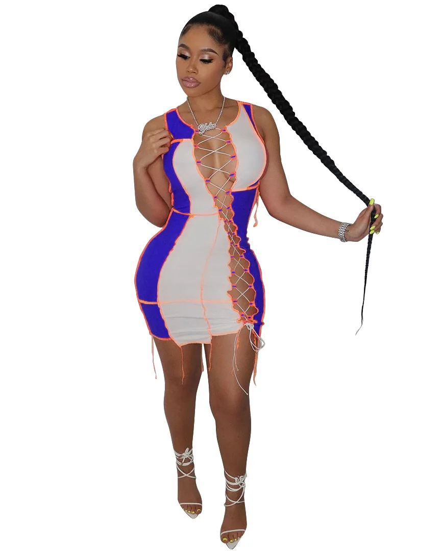 

LY9288 European and American women's fashion sexy color contrast stitching hollow lace dress