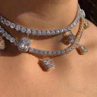 new hip hop jewelry tennis necklace rhinestone chain for women men charm crystal square pendant necklace luxury jewellery
