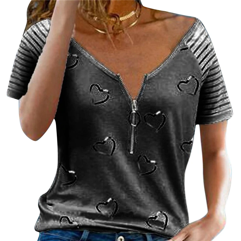 

Fashion Women Summer Heart Print T-Shirts For Streetwear Zipper Decor V-Neck Short Sleeve Casual Loose Pullovers Top