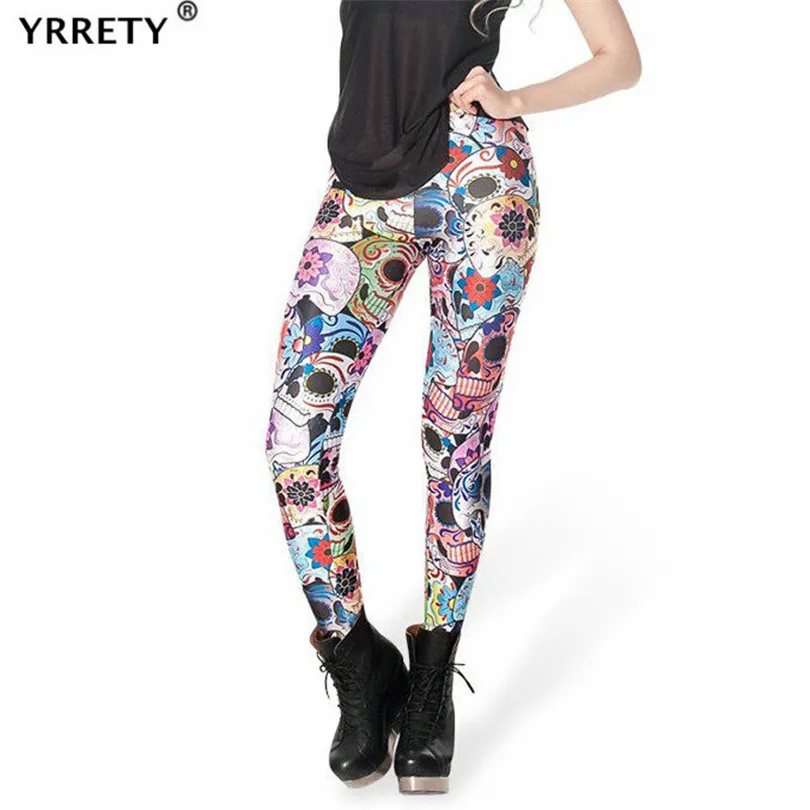 

YRRETY Ladies Skull Leggings Square Cartoon 3D Digital Printed Knitted Blended Cotton Women Breathable Pants Ankle-Length Bottom