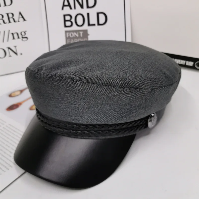 Dark Grey Cotton Британский стиль, военная шапка из искусственной кожи, осенне-зимняя шерстяная шляпа моряка для женщин, черная плоская Женская кепка для путешествий, Кепка Капитана - Цвет: Dark Grey Cotton