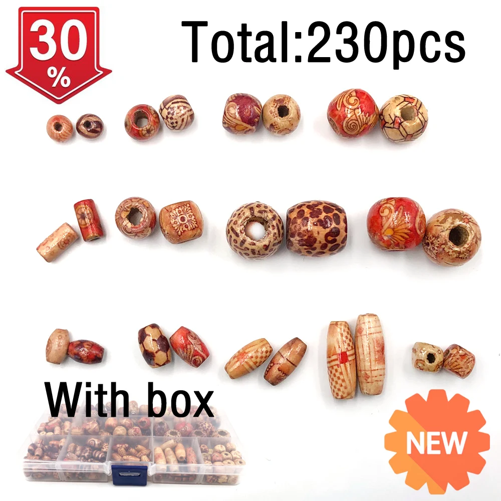

230 шт./компл. деревянные круглые бусины с узором, овальные бусины, бусины из натурального дерева, бусины россыпью для очаровательного браслета «сделай сам»