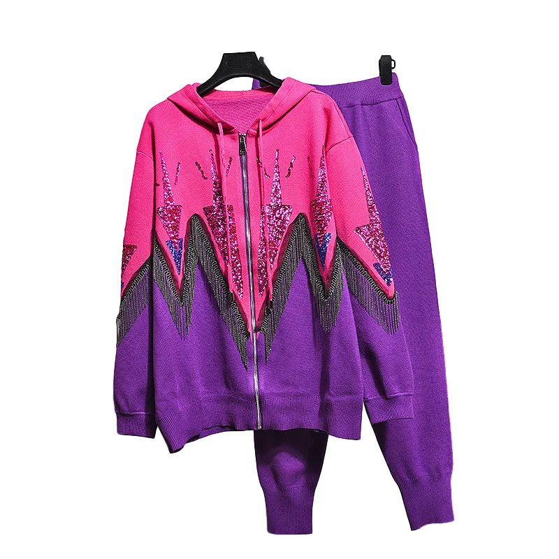 

Женский трикотажный комплект из двух предметов, свитер с капюшоном и бахромой, с блестками и повседневные штаны, H638, весна-осень 2020