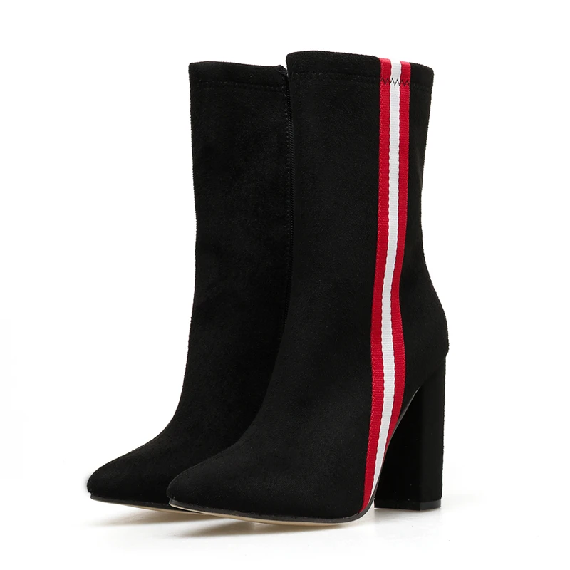 

Hjwsfdcai Stripe Style Women Zipper Mid Boots High Quality Suede Pointed Toe Ladies Street Style High Heel Shoes For Women 2020
