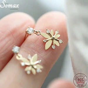 925 Sterling Silver Plated 14K Gold Earrings Small Fresh Flowers Exquisite Zircon Earrings Short Super Fairy Jewelry Accessories