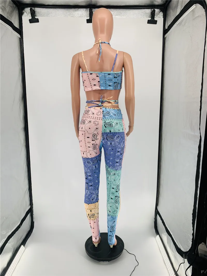 

Sexy Halter Print Crop Tank Top And Long Pants Matching Sets Outfits Women Sleeveless Bodycon 2 Two Piece Set Ladies