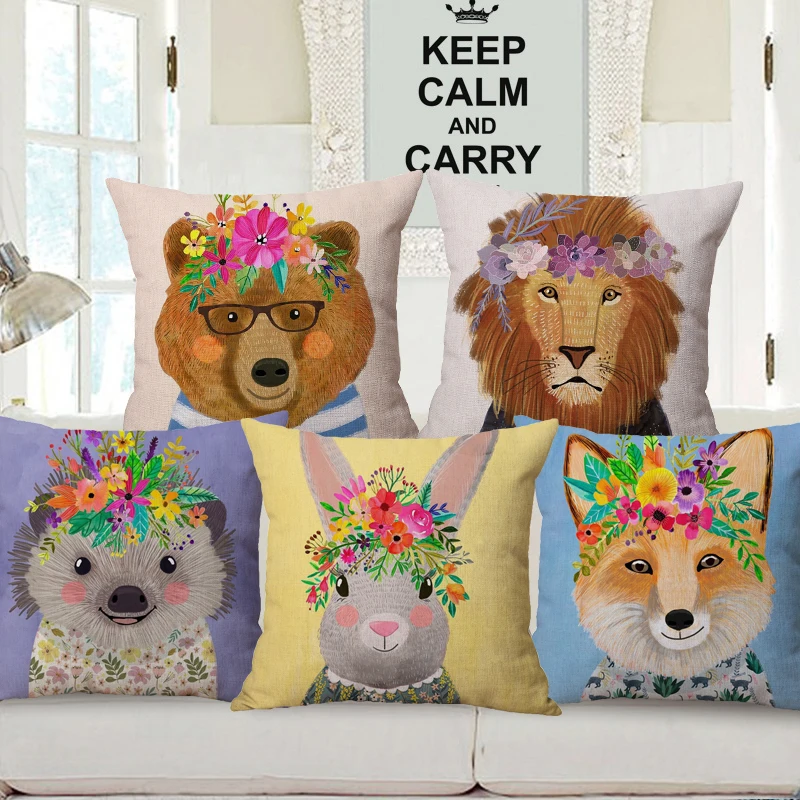 Животные с цветочный венок накидки на подушки Хаски мопса лисы и кролика С