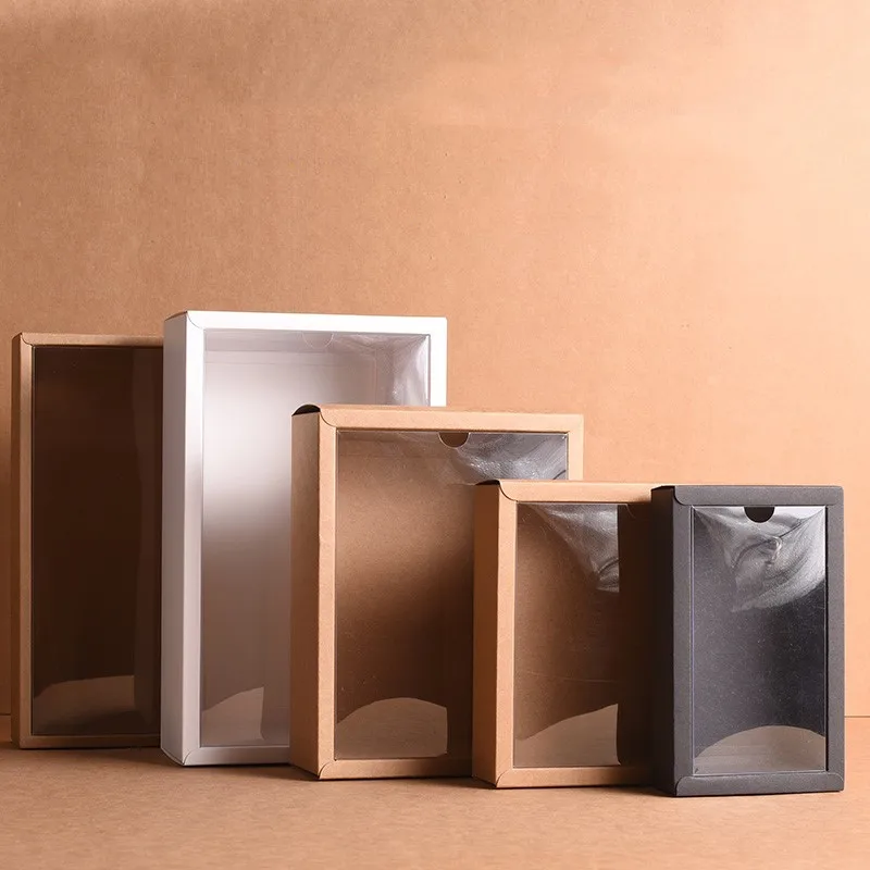 

10pcs Folding Kraft Paper Box with Transparent PVC Window Gift Box Packaging Box candy favors arts&krafts display package box