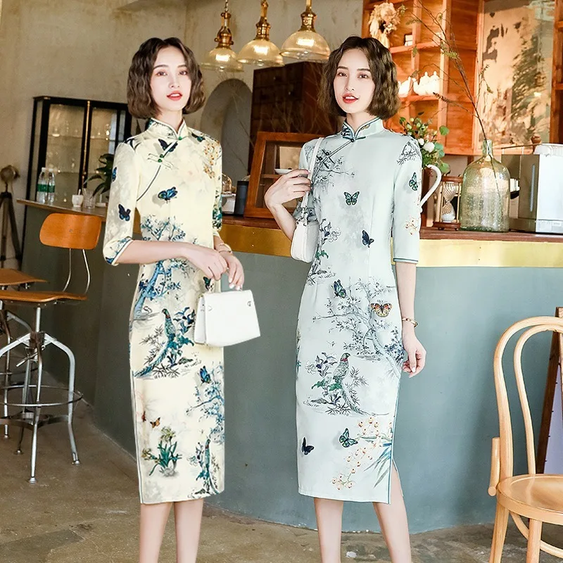 

new round seven-minute sleeves Yingsong Yanyu girls small fresh improved Cheongsam dress spring and summer autumn qipao modern