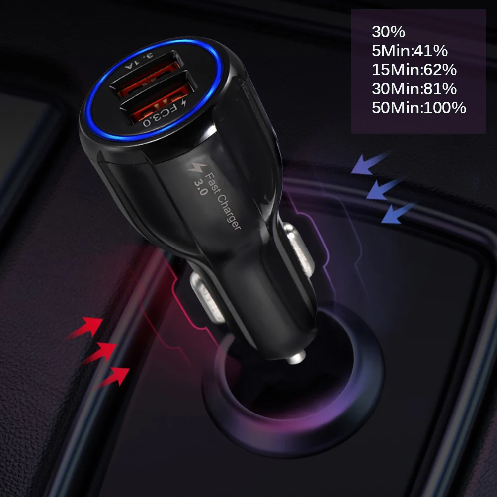 Автомобильное зарядное устройство с двумя USB выходами мощность QC3.0 3 1 А быстрая