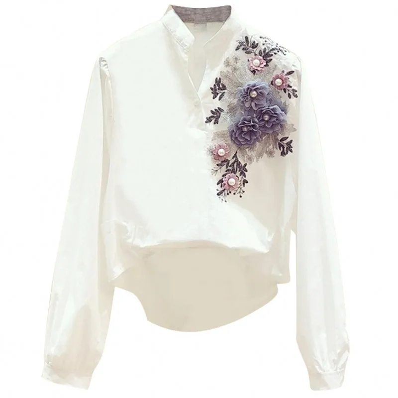 2021 Spring New Women's Embroidered Floral V-neck Long Sleeve Shirt Female Casual Irregular All-Match White Blouse Blusas