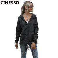 cinessd women waterproof coat casual jacket 2021 black hooded long sleeves zipper up solid raincoat dark blue breathable jackets