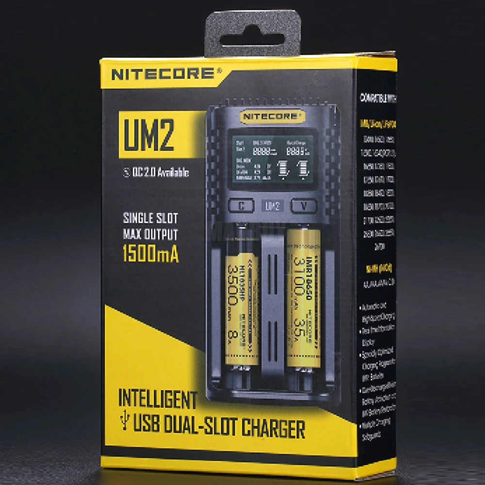 Интеллектуальное зарядное устройство Nitecore UM2 с двумя слотами USB ЖК-дисплей