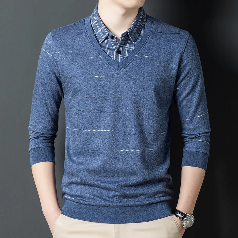 

Top Grade Fake Two New Fashion Designer Brand Collared Knit Pullover Sweater Autum Casual Collaree Jumper Men Clothing