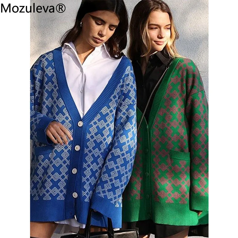 Женский клетчатый кардиган оверсайз с длинным рукавом и V-образным вырезом |