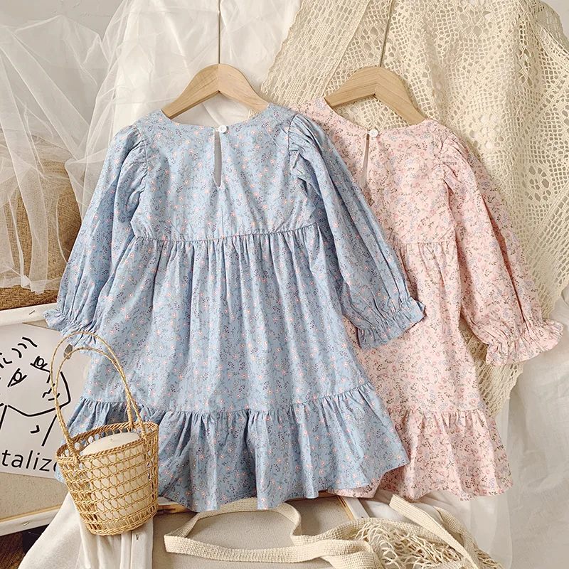 

Sweet Kids Girls Spring Autumn Floral Print Ruffles Party Dress Pink and Blue Color Cute Toddler Kids Children Dress