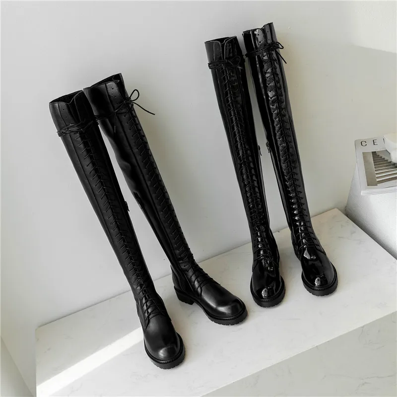 MORAZORA genuine leather shoes women thigh high boots lace up zip low heels platform shoes woman Motorcycle boots black