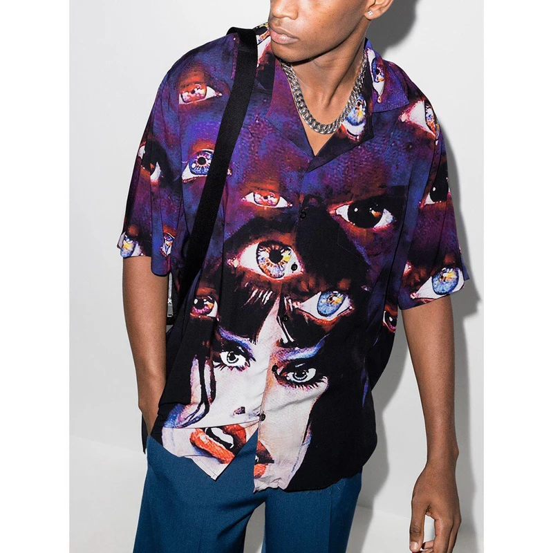 

2021 Rhude Bowling Shirt Full Digital Eye Print Short Sleeve Men Women 1:1Good Quality High Street Casual Rhude Shirts Silky Top