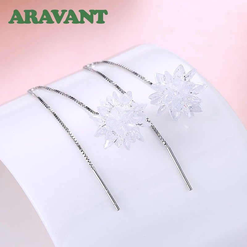 925 серебро белый Ледяной цветок Длинная цепочка Висячие серьги для женщин