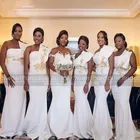 Женское длинное платье с юбкой-годе, белое платье подружки невесты с золотой аппликацией и бусинами на одно плечо, официальное платье для свадебной вечеринки
