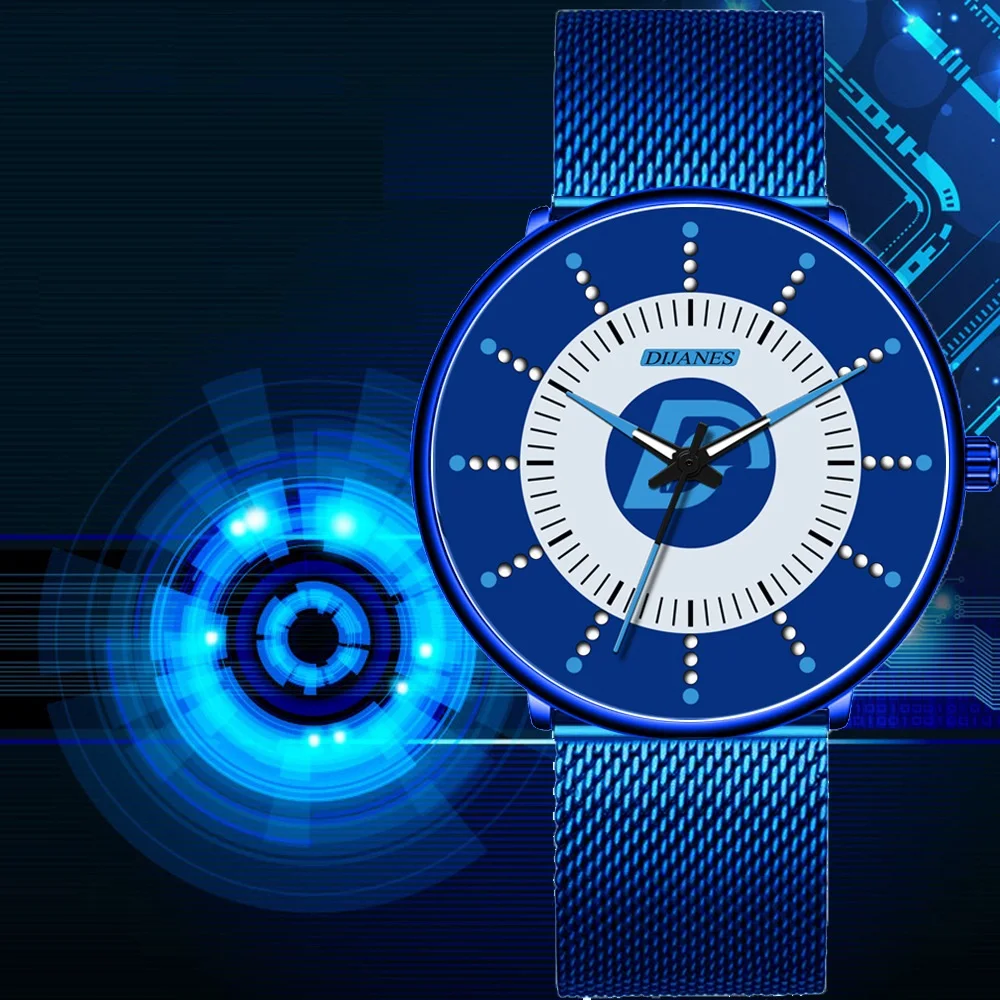 Часы мужские кварцевые ультратонкие светящиеся наручные со стальным сетчатым