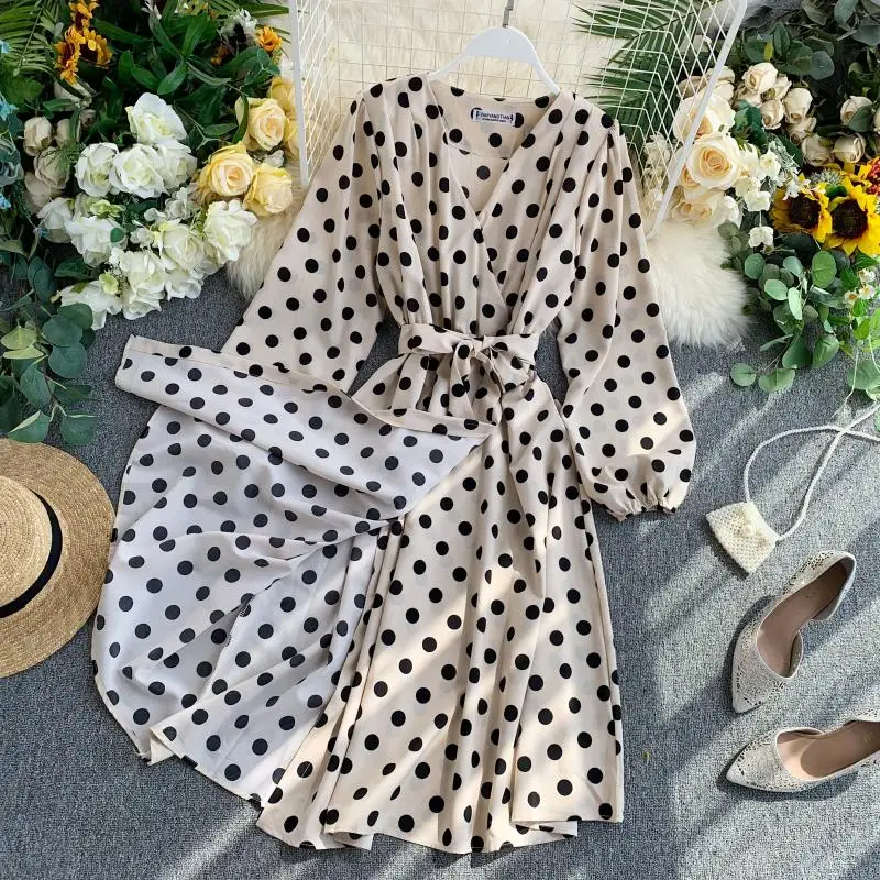 Женское винтажное платье в горошек с v-образным вырезом длинным рукавом и высокой