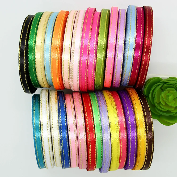 Атласные ленты с золотистыми краями 6 мм 22 метра в рулоне для свадьбы Рождества