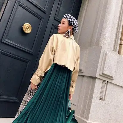 2019 клетчатое зеленое Плиссированное пальто контрастного цвета сзади Новый