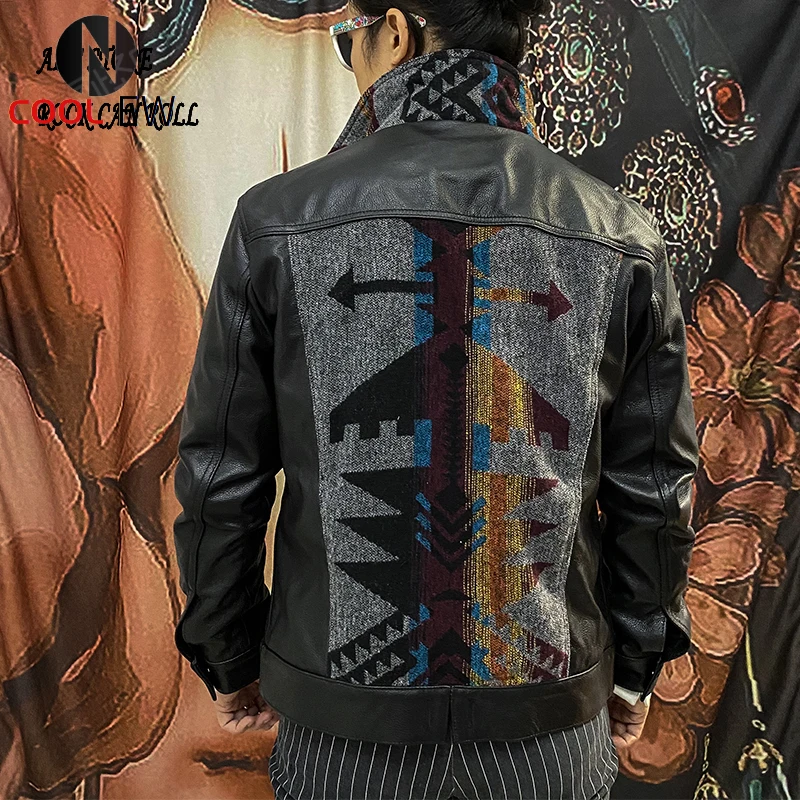 

XW499 RockCanRoll Read Description! Super Quality Coat Genuine Cow Leather & Wool Cowhide Stylish Durable Navajo Jacket