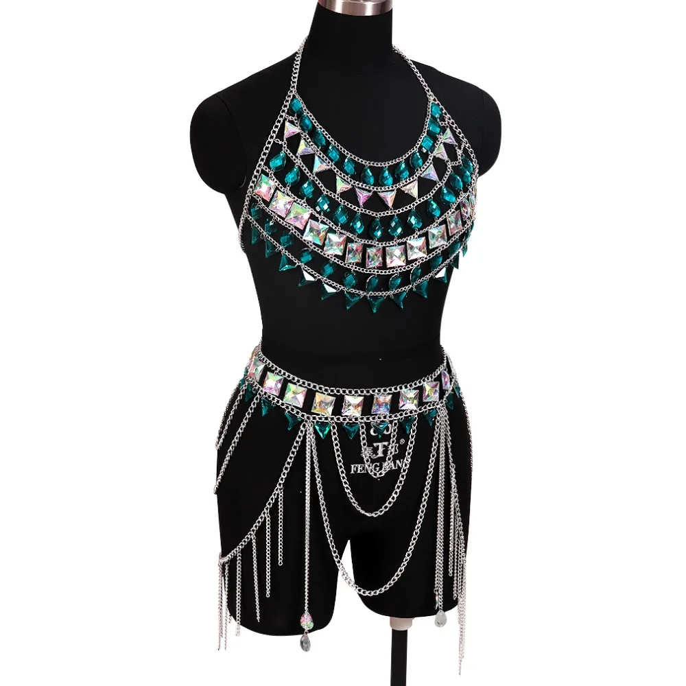 Boho 1 комплект, металлическая цепочка, бюстгальтер на бретельках для тела, кристалл, нагрудный ремень, украшение с зажимом, блестки, клетчатый Топ, плюс размер, женская одежда в стиле рейв на Хэллоуин