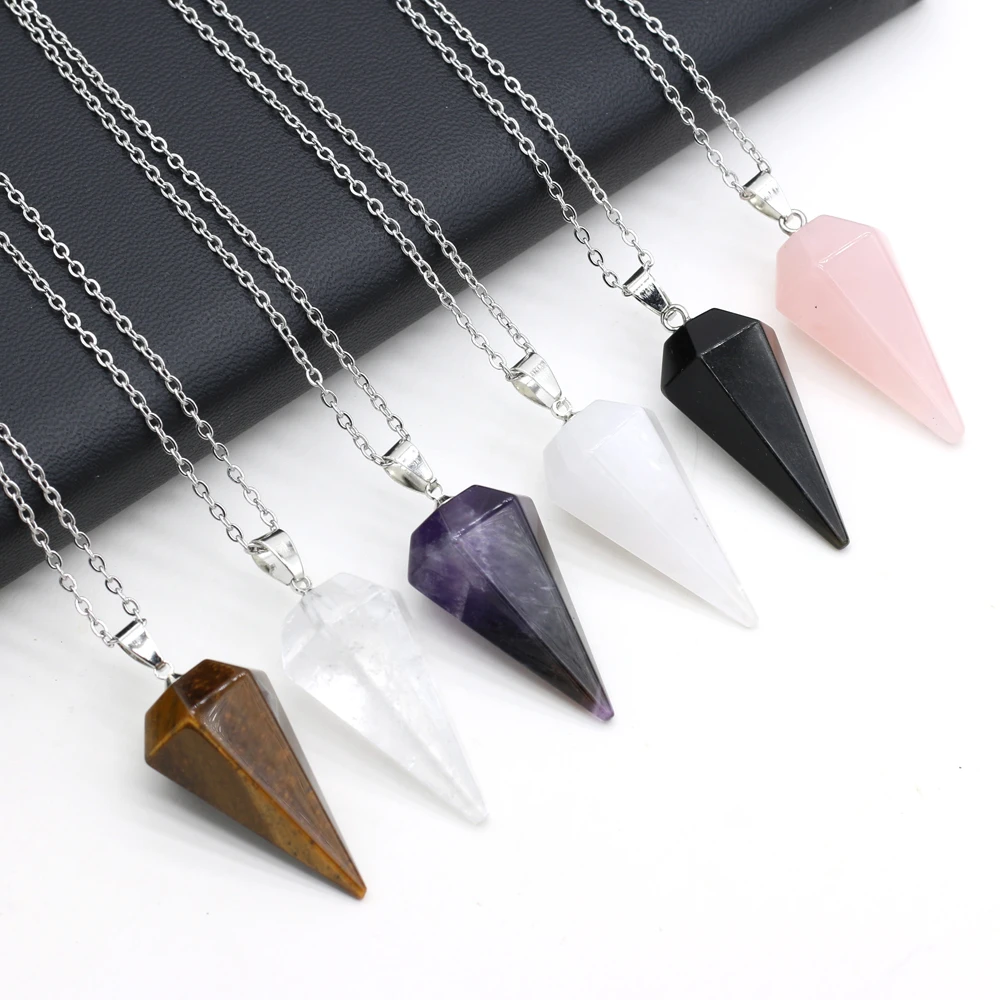 

Trendy Natural Stone Hexagonal Cone Pendant Necklace Amethysts Crystal Pendulum Necklace Jewelry for Women Reiki Heal Gifts